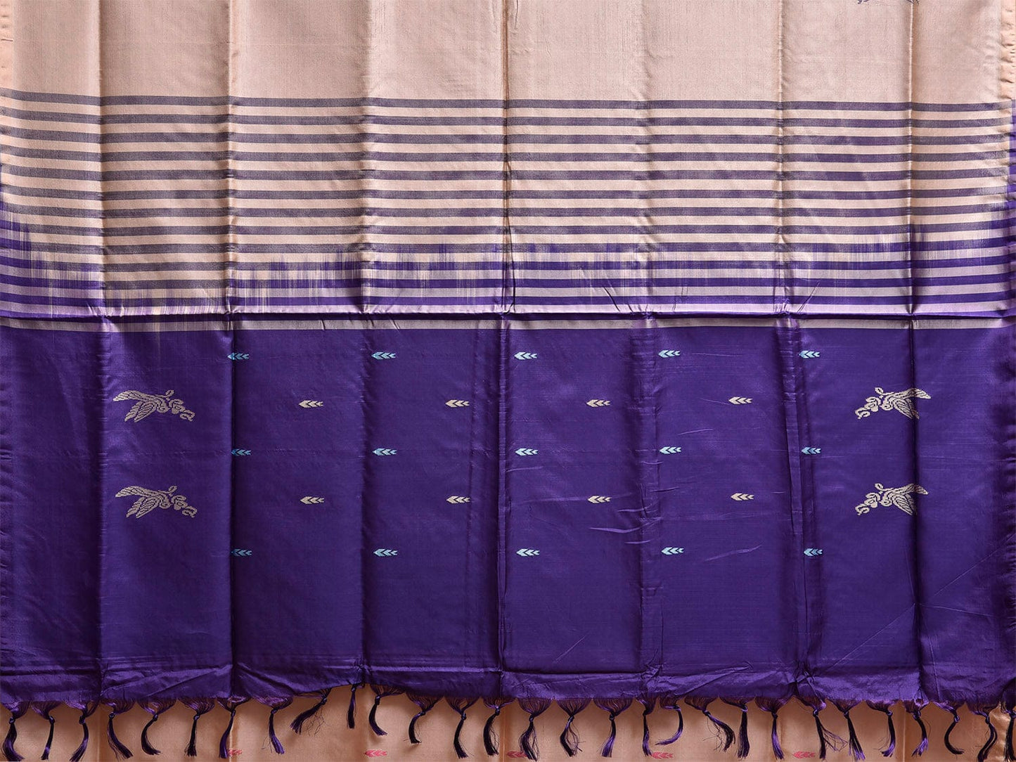 Cream and Dark Blue Banana Silk Saree with Birds Border Buta Design o0682