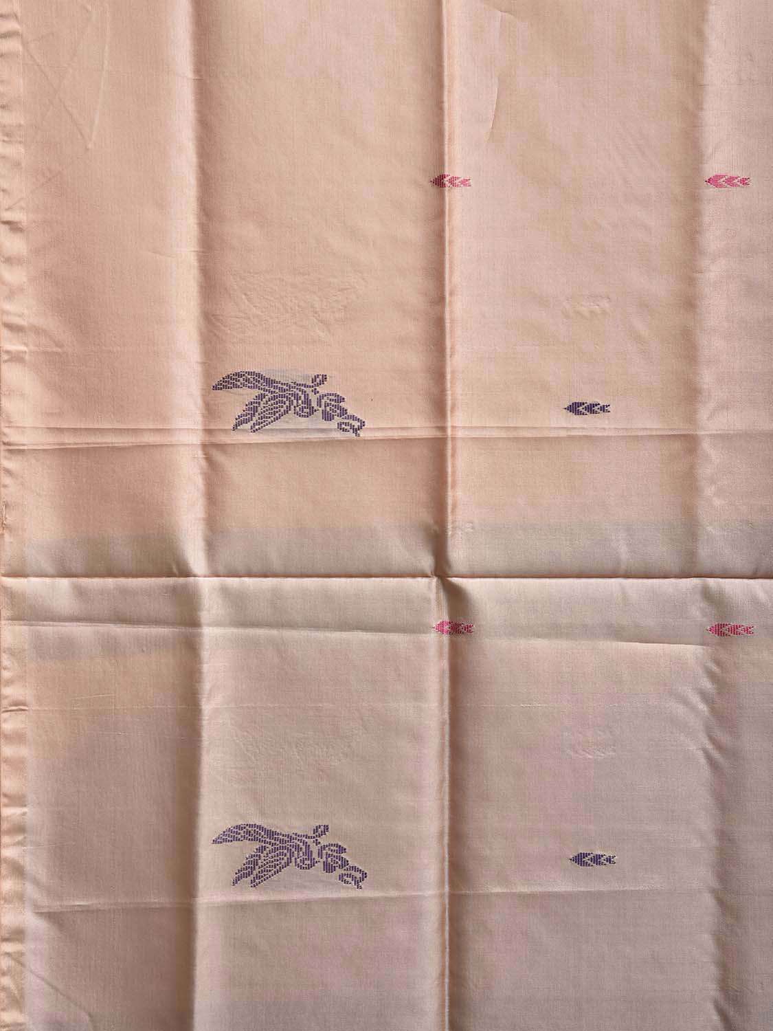 Cream and Dark Blue Banana Silk Saree with Birds Border Buta Design o0682