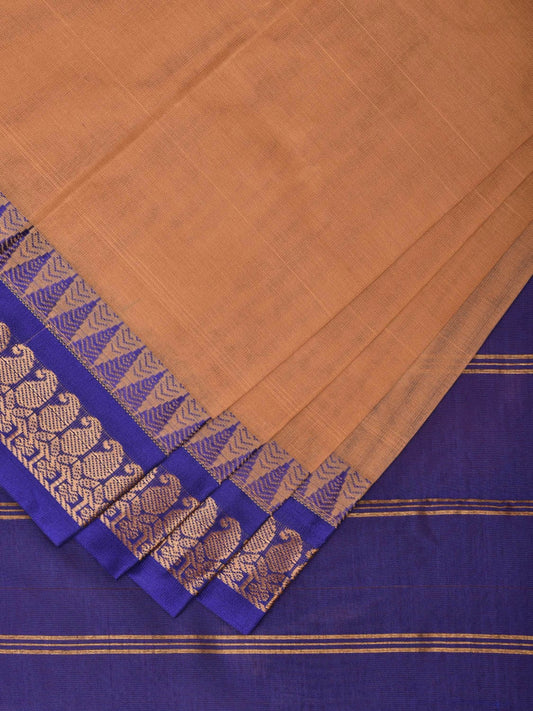 Cream and Dark Blue Gadwal Cotton Handloom Plain Saree with Border and Strips Pallu Design No Blouse g0386