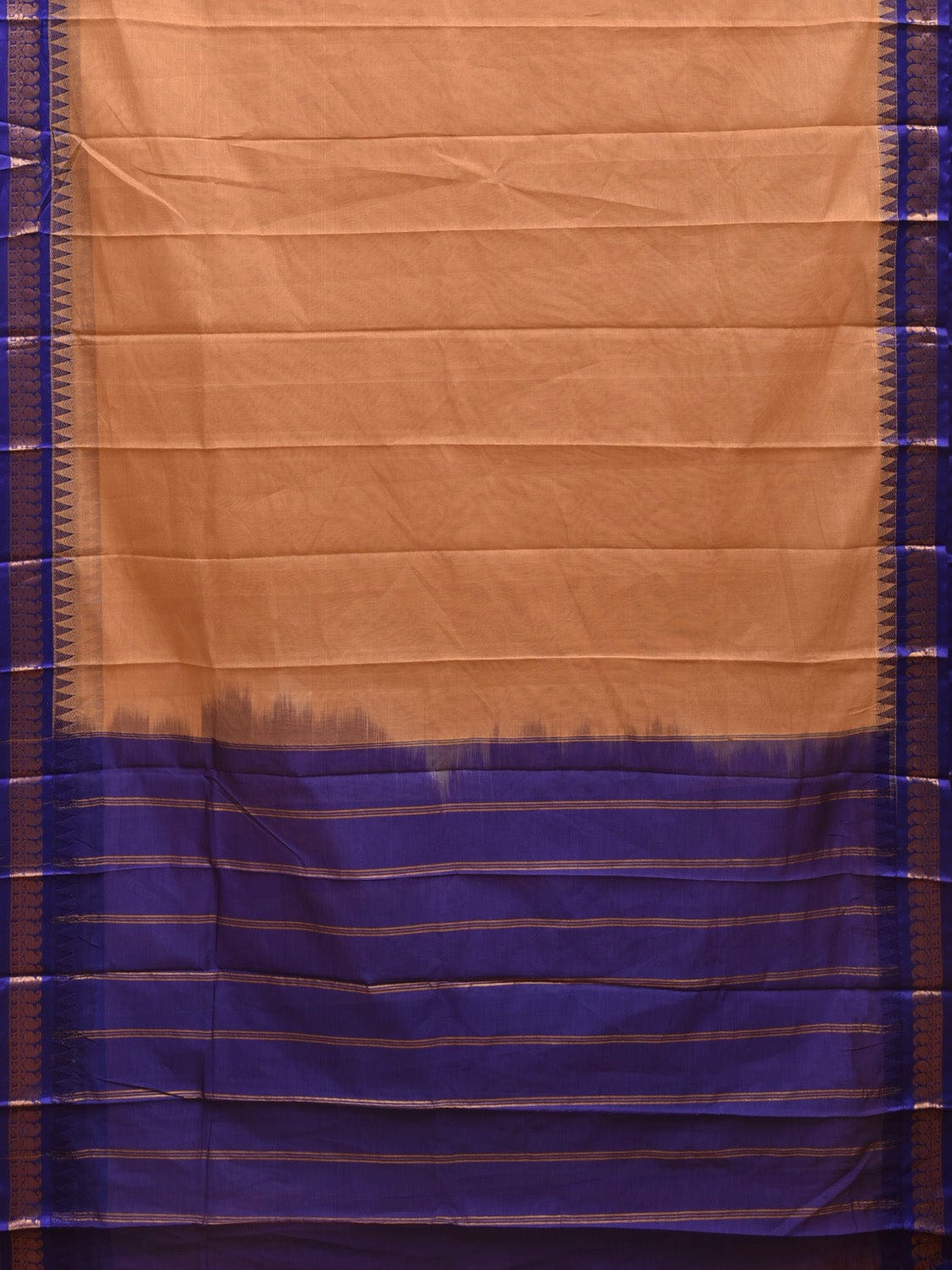 Cream and Dark Blue Gadwal Cotton Handloom Plain Saree with Border and Strips Pallu Design No Blouse g0386