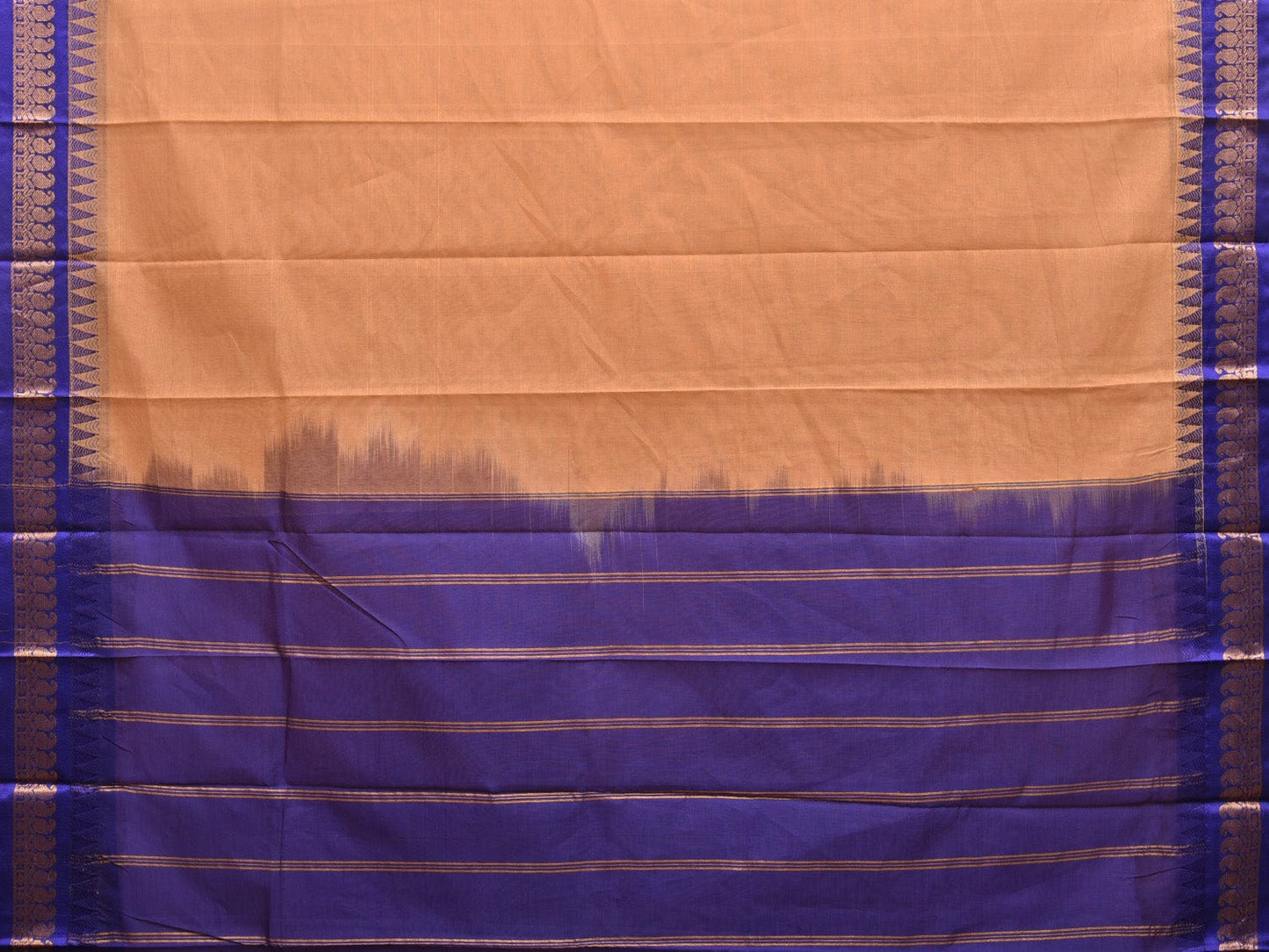 Cream and Dark Blue Gadwal Cotton Handloom Plain Saree with Border and Strips Pallu Design No Blouse g0386