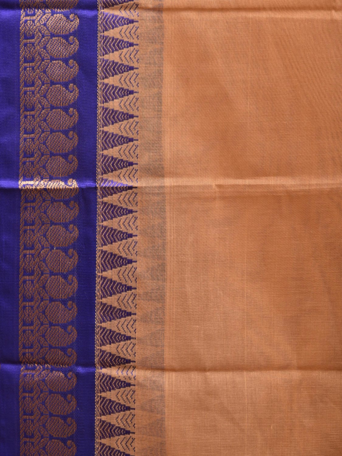 Cream and Dark Blue Gadwal Cotton Handloom Plain Saree with Border and Strips Pallu Design No Blouse g0386