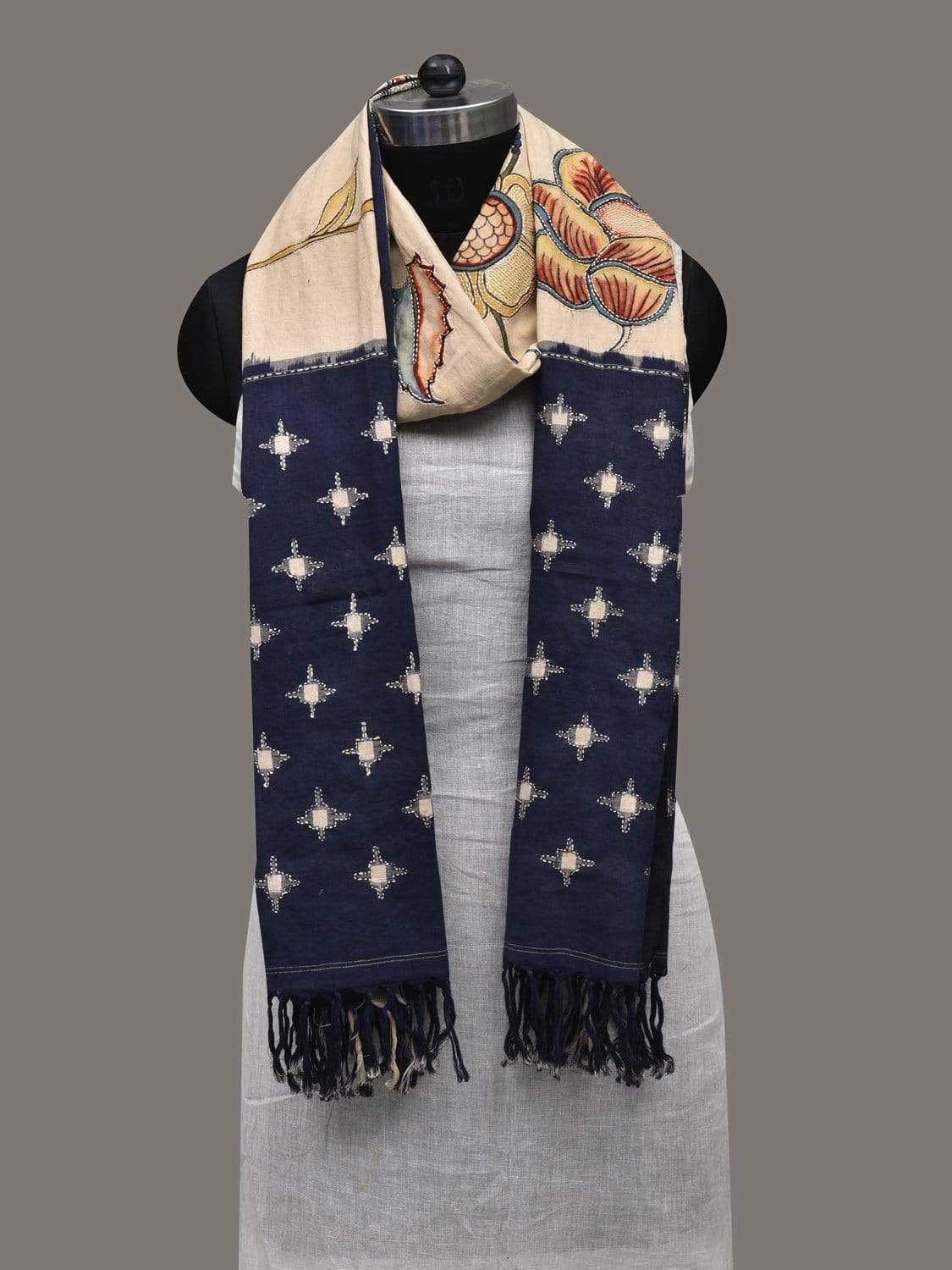 Cream and Dark Blue Kalamkari Hand Painted Ikat Cotton Handloom Dupatta with Floral and Kanta Work Design ds2515