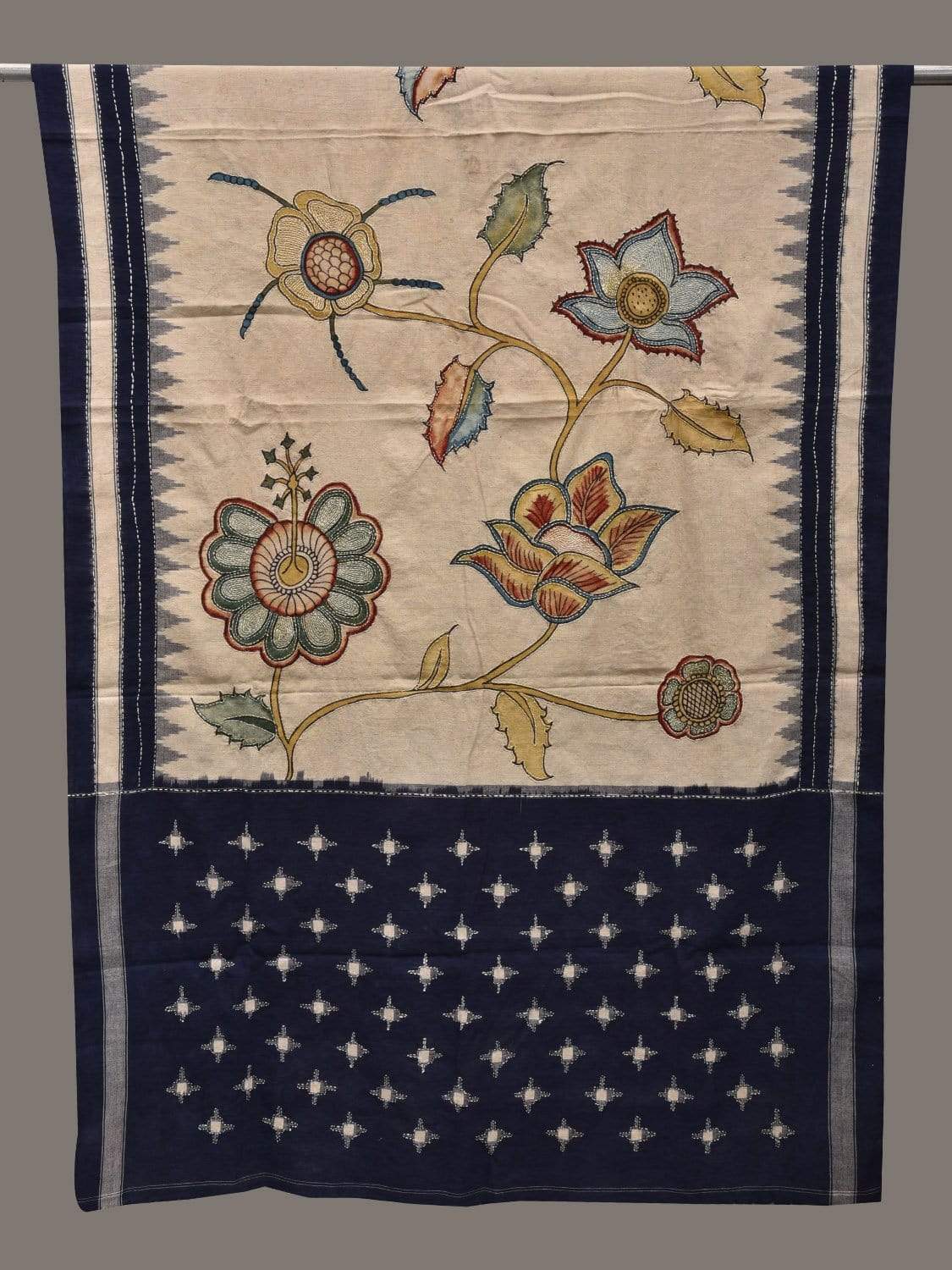 Cream and Dark Blue Kalamkari Hand Painted Ikat Cotton Handloom Dupatta with Floral and Kanta Work Design ds2515