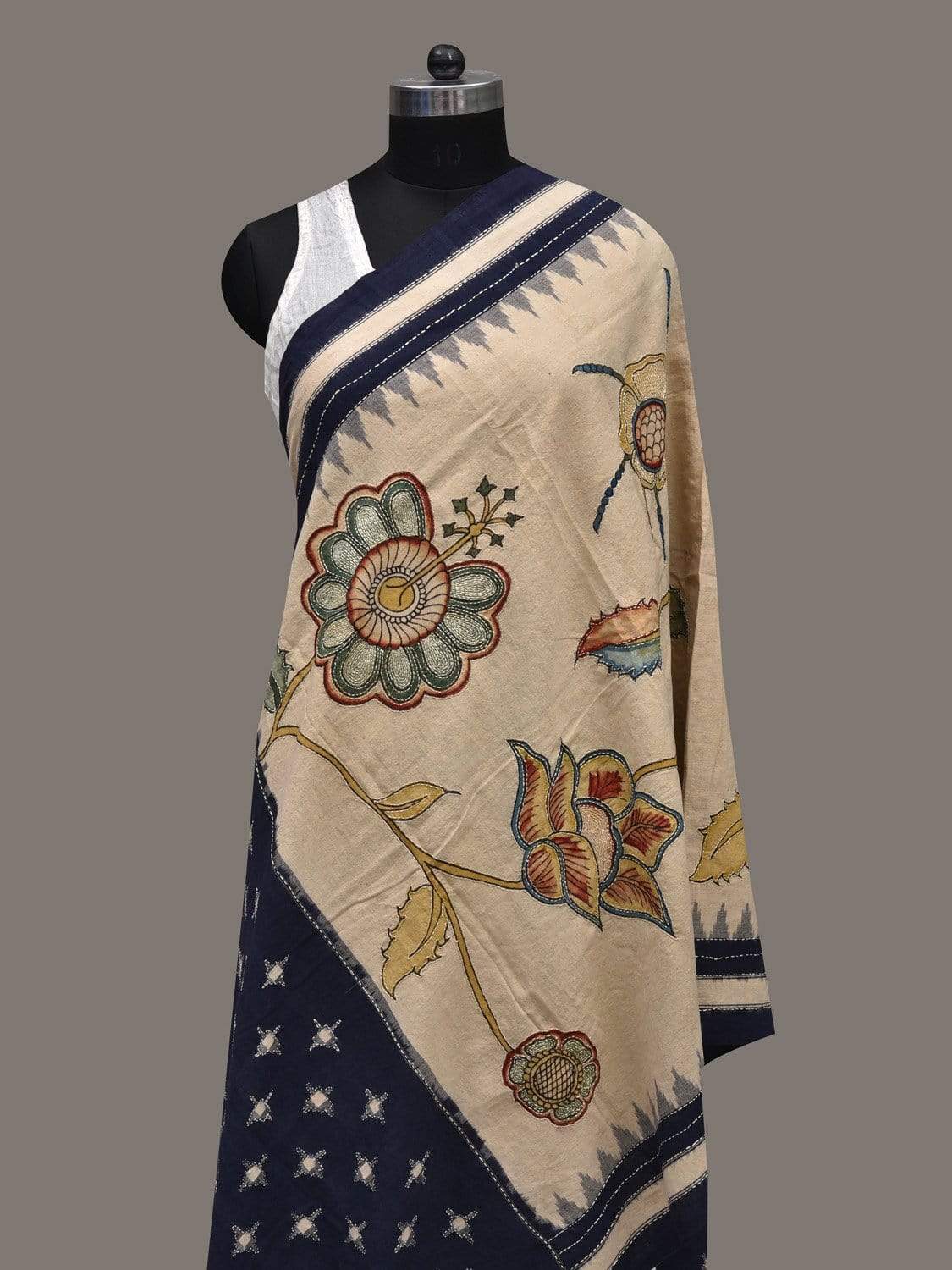Cream and Dark Blue Kalamkari Hand Painted Ikat Cotton Handloom Dupatta with Floral and Kanta Work Design ds2515
