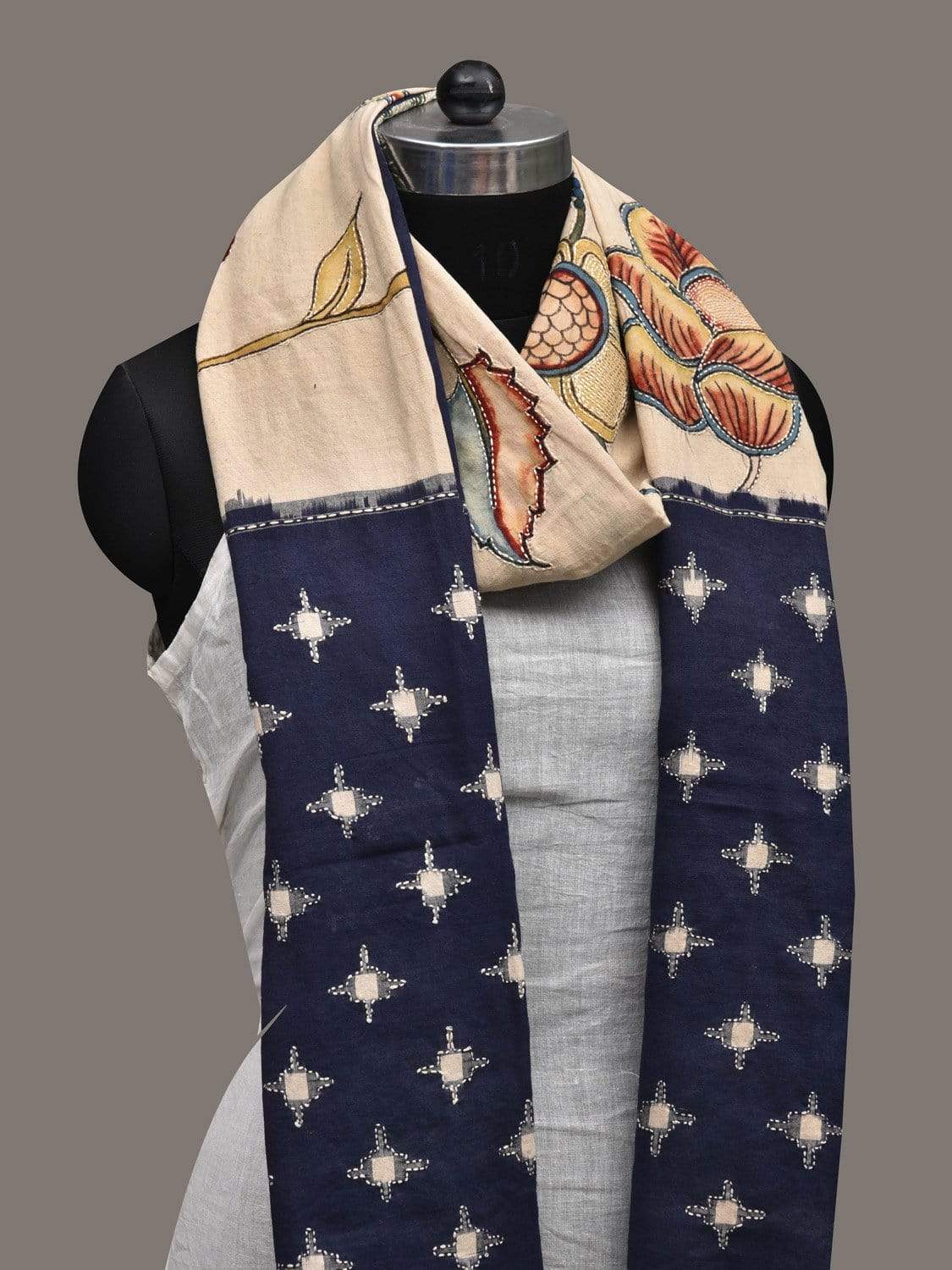 Cream and Dark Blue Kalamkari Hand Painted Ikat Cotton Handloom Dupatta with Floral and Kanta Work Design ds2515
