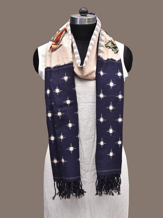 Cream and Dark Blue Kalamkari Hand Painted Ikat Cotton Handloom Dupatta with Floral Design ds2284