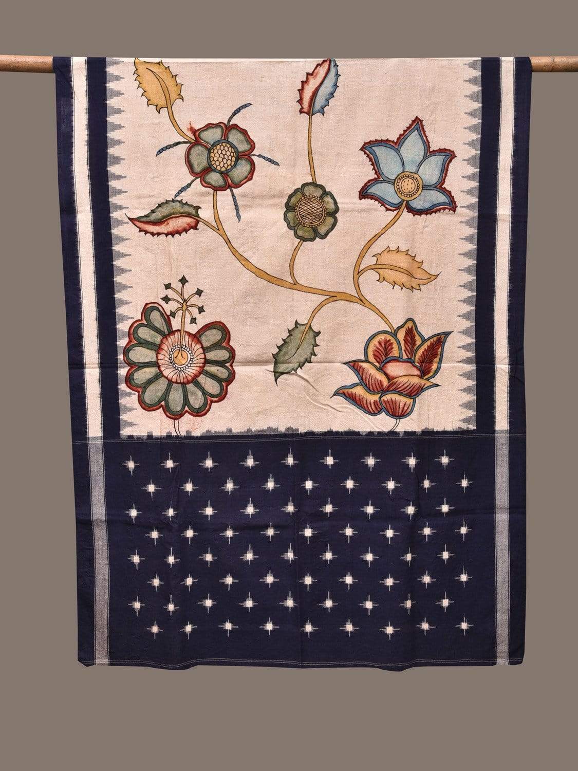 Cream and Dark Blue Kalamkari Hand Painted Ikat Cotton Handloom Dupatta with Floral Design ds2284