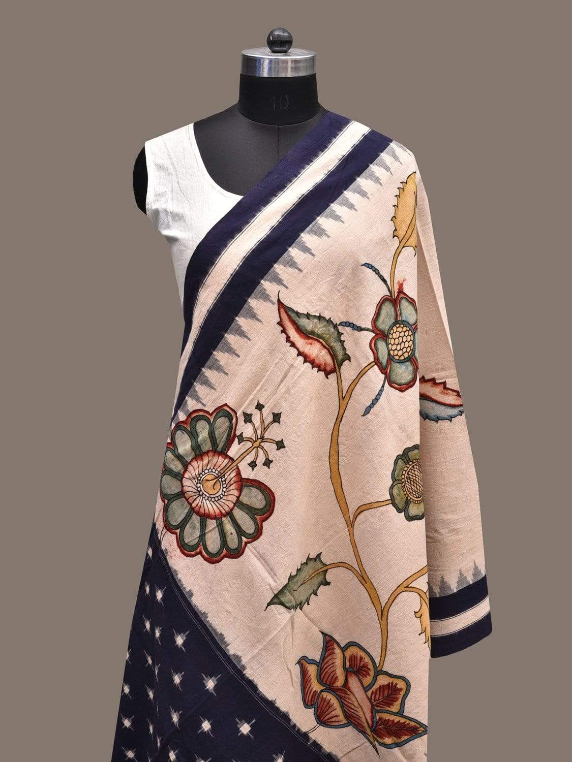 Cream and Dark Blue Kalamkari Hand Painted Ikat Cotton Handloom Dupatta with Floral Design ds2284