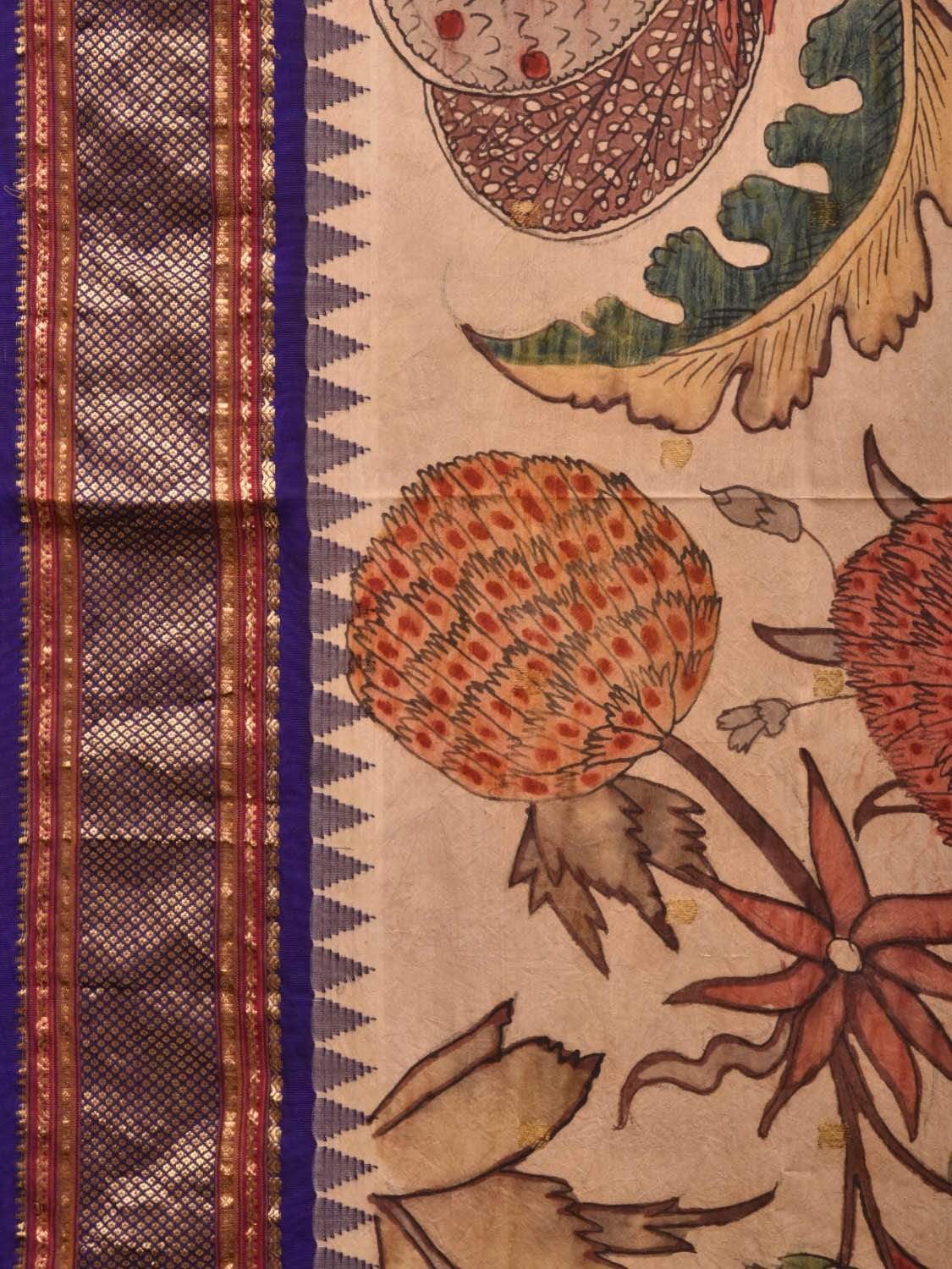 Cream and Dark Blue Kalamkari Hand Painted Kanchipuram Silk Handloom Saree with Big Floral Design KL0503