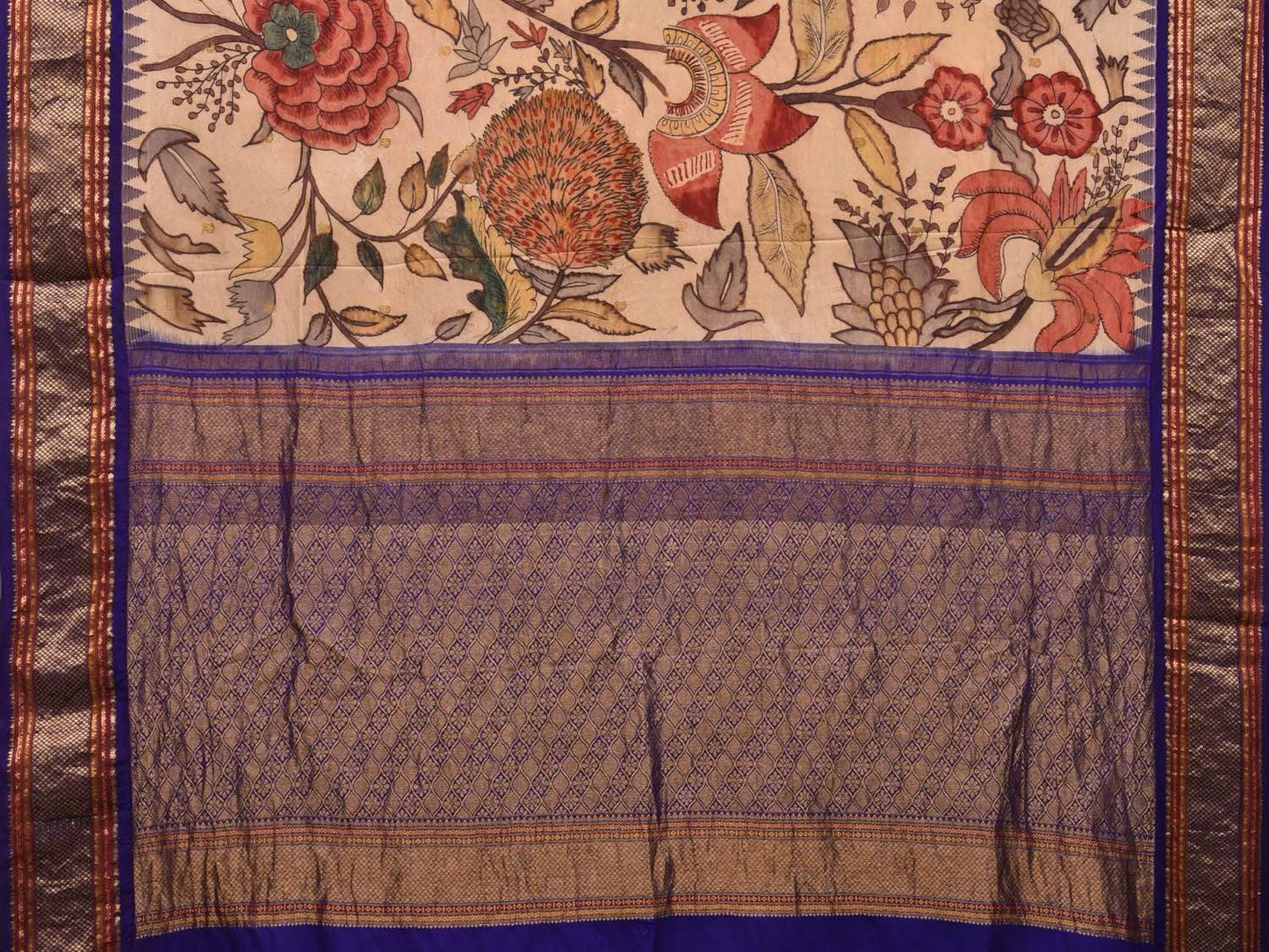 Cream and Dark Blue Kalamkari Hand Painted Kanchipuram Silk Handloom Saree with Big Floral Design KL0503