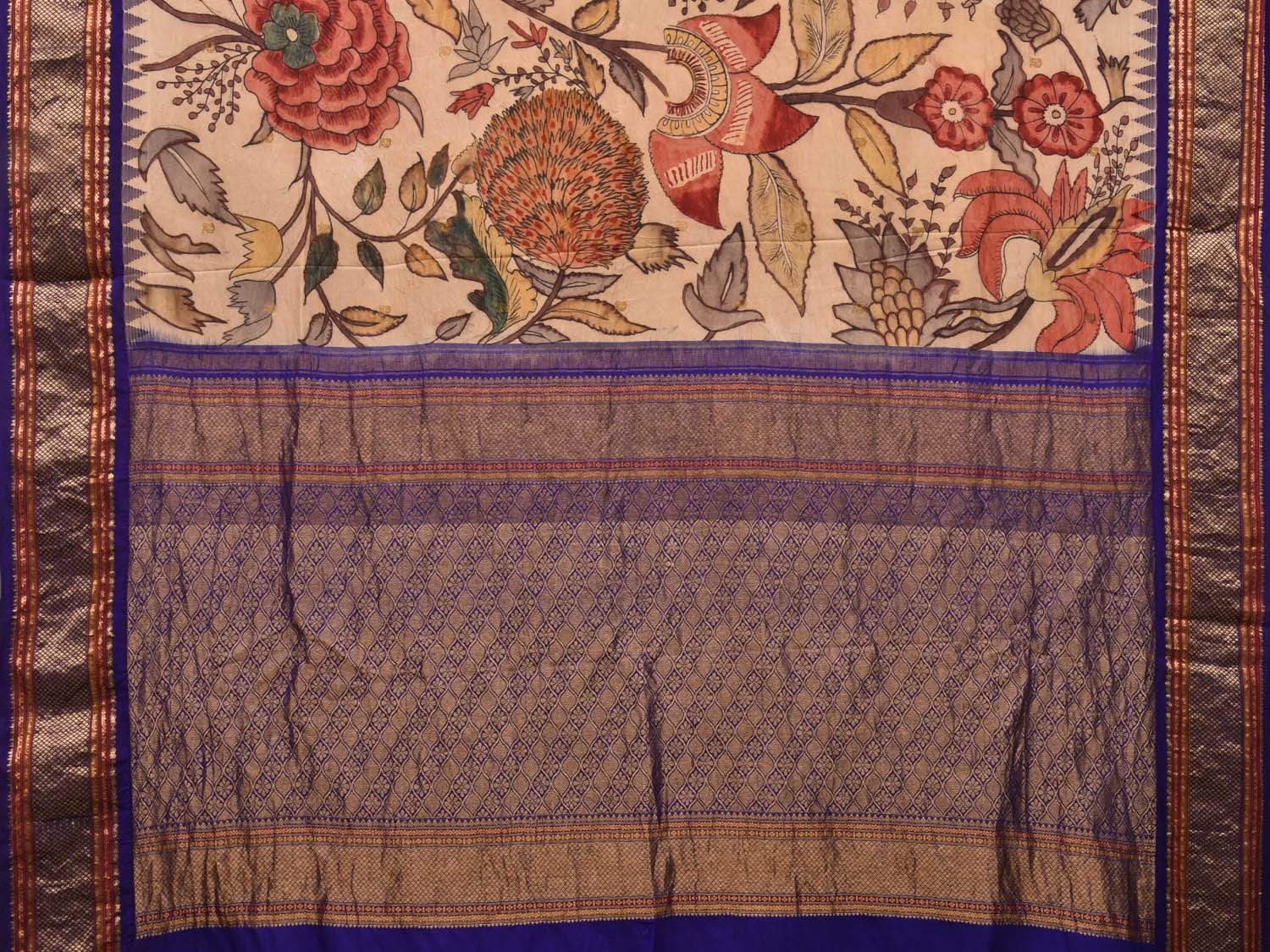 Cream and Dark Blue Kalamkari Hand Painted Kanchipuram Silk Handloom Saree with Big Floral Design KL0503