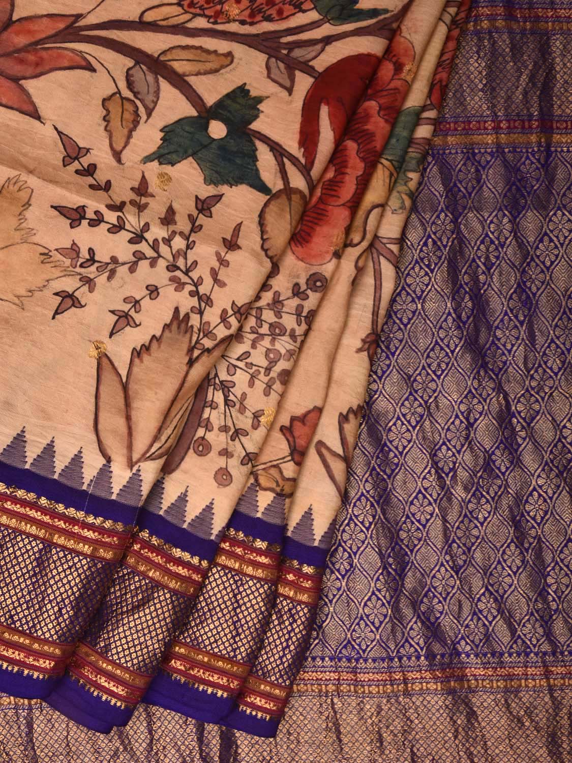 Cream and Dark Blue Kalamkari Hand Painted Kanchipuram Silk Handloom Saree with Big Floral Design KL0503