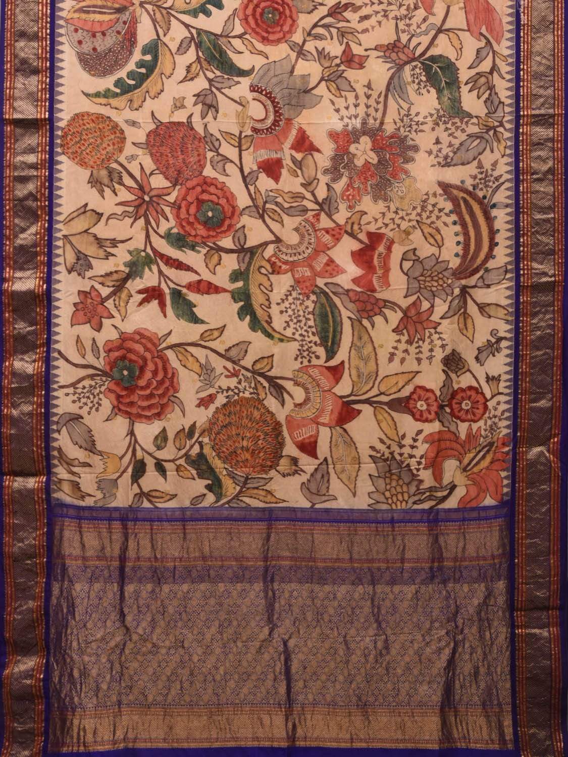 Cream and Dark Blue Kalamkari Hand Painted Kanchipuram Silk Handloom Saree with Big Floral Design KL0503