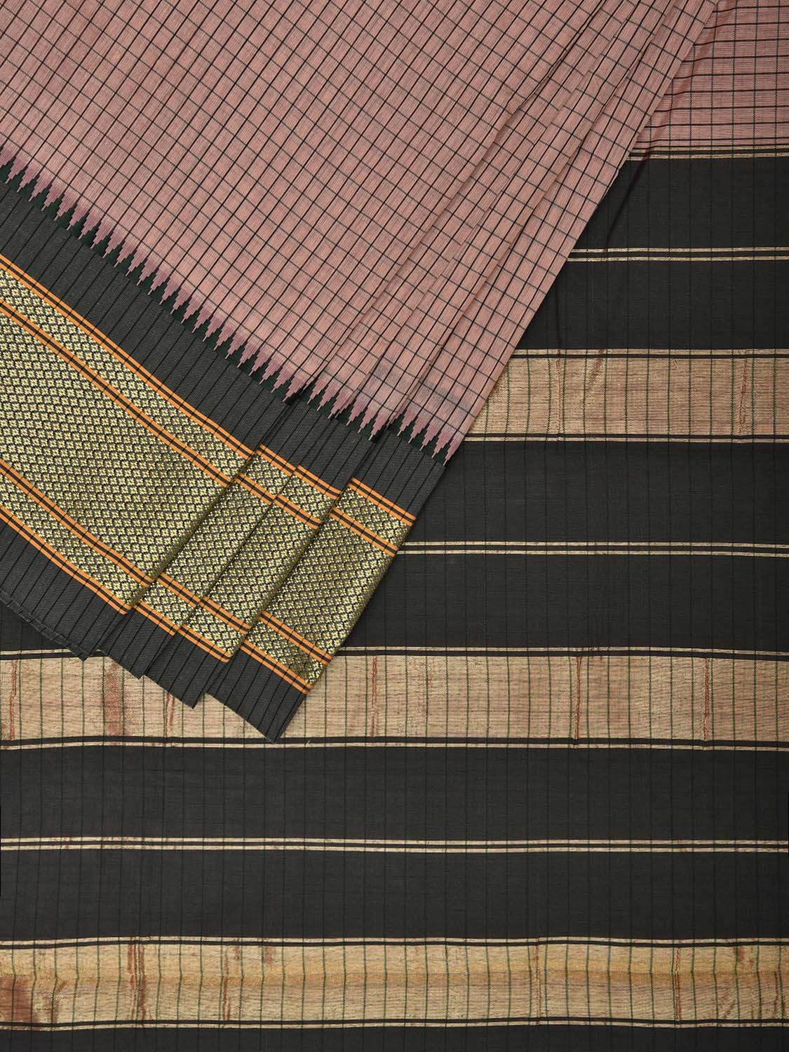 Cream and Dark Green Bamboo Cotton Saree with Checks Design No Blouse bc0647
