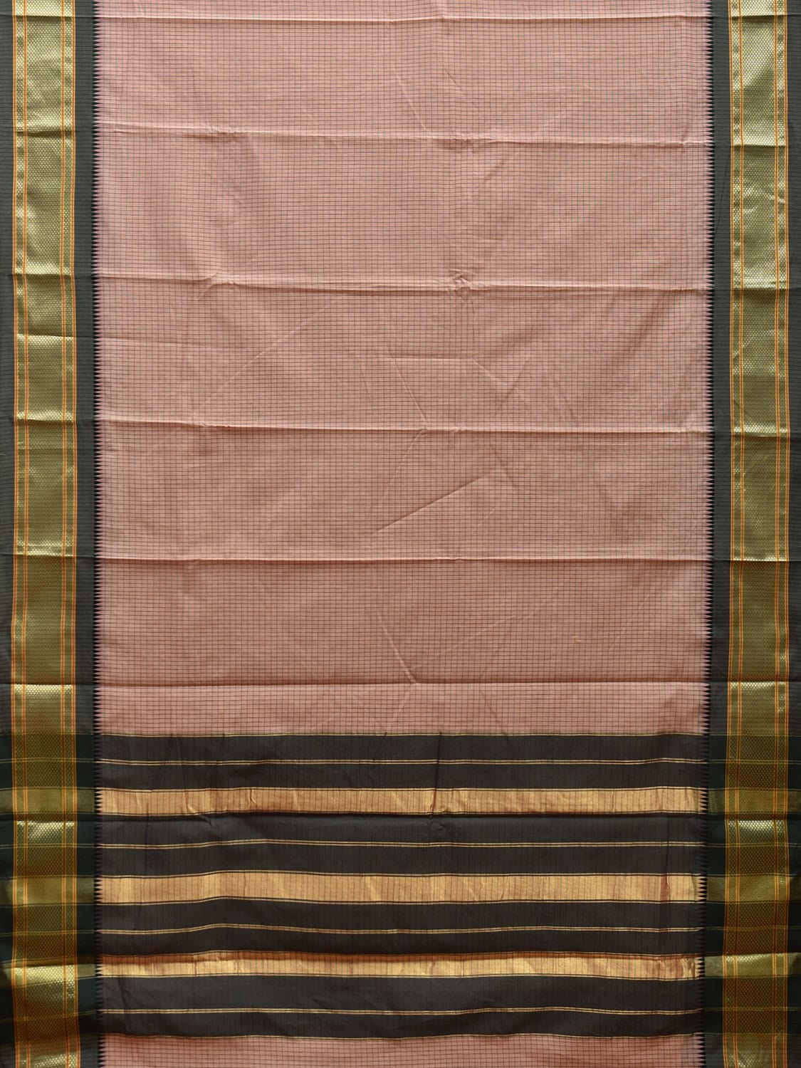Cream and Dark Green Bamboo Cotton Saree with Checks Design No Blouse bc0647