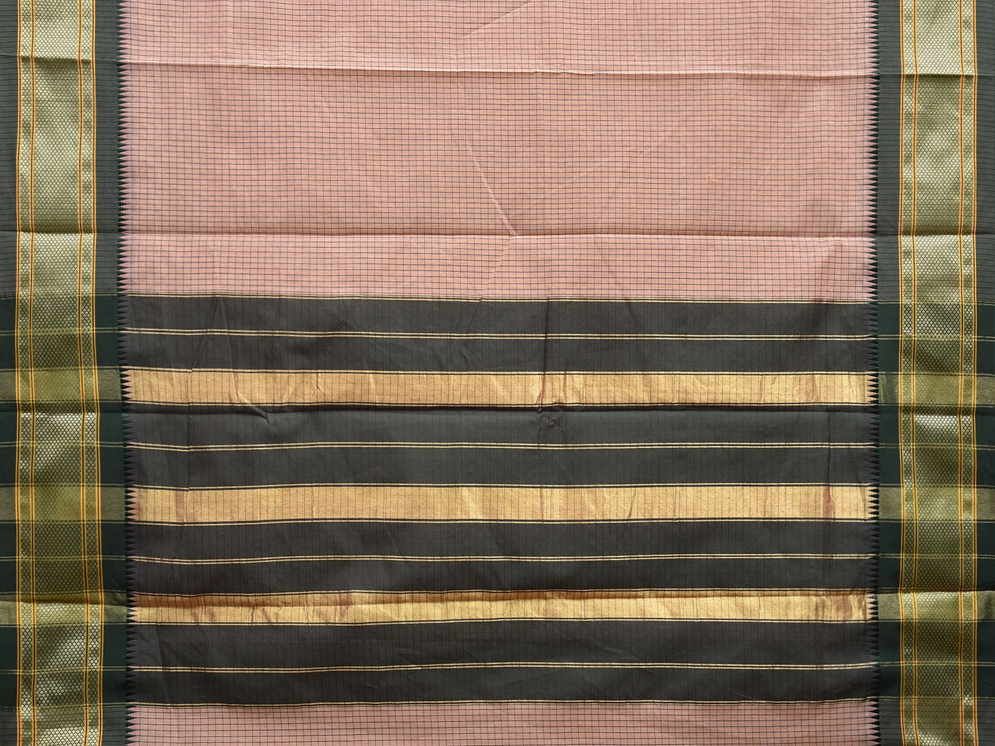 Cream and Dark Green Bamboo Cotton Saree with Checks Design No Blouse bc0647