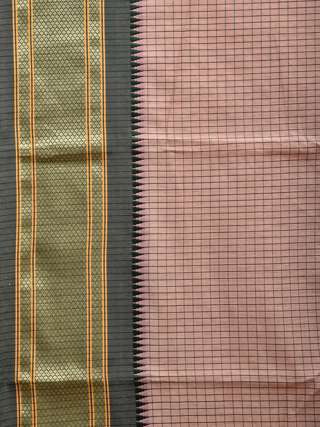 Cream and Dark Green Bamboo Cotton Saree with Checks Design No Blouse bc0647