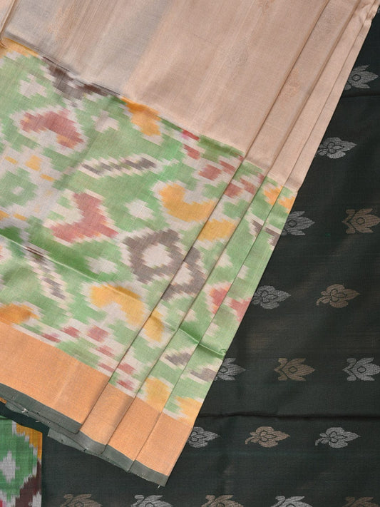 Cream and Dark Green Uppada Silk Handloom Saree with Buta and Ikat Border Design u2100