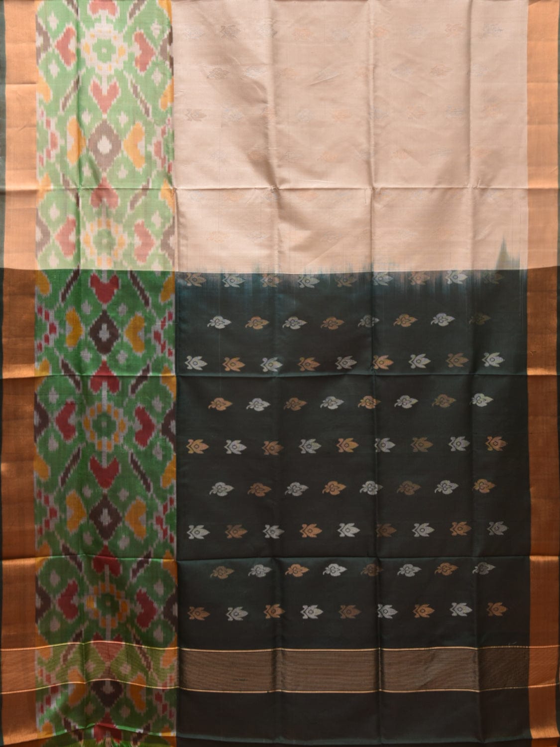 Cream and Dark Green Uppada Silk Handloom Saree with Buta and Ikat Border Design u2100