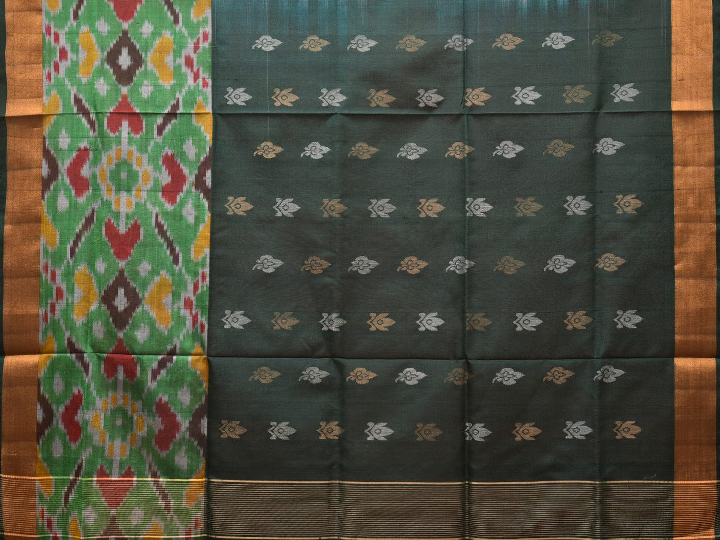 Cream and Dark Green Uppada Silk Handloom Saree with Buta and Ikat Border Design u2100