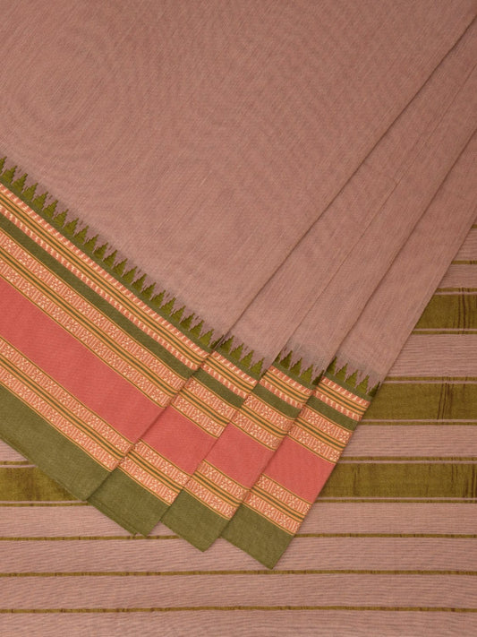 Cream and Green Bamboo Cotton Plain Saree with Strips Pallu Design No Blouse bc0352