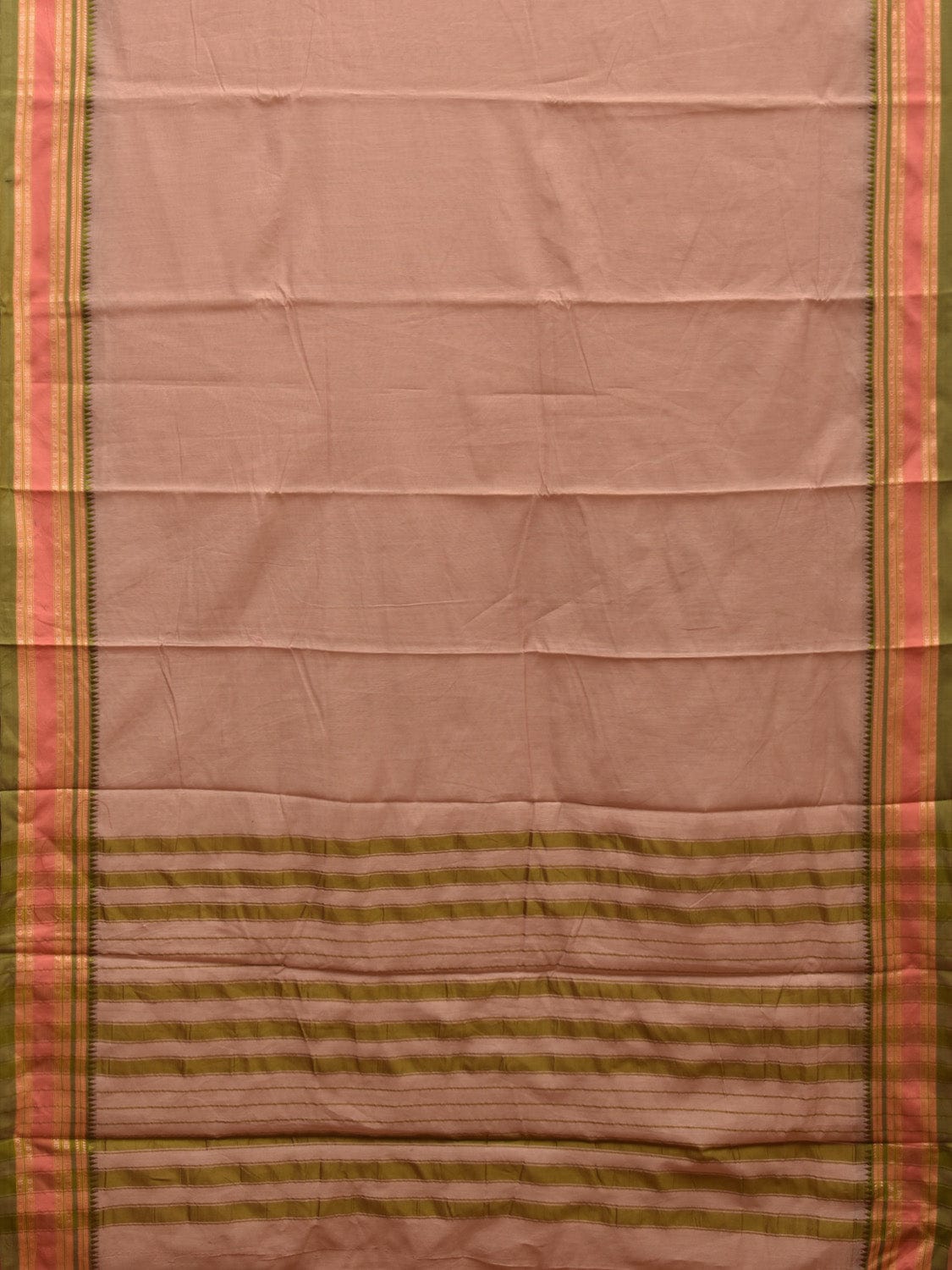 Cream and Green Bamboo Cotton Plain Saree with Strips Pallu Design No Blouse bc0352