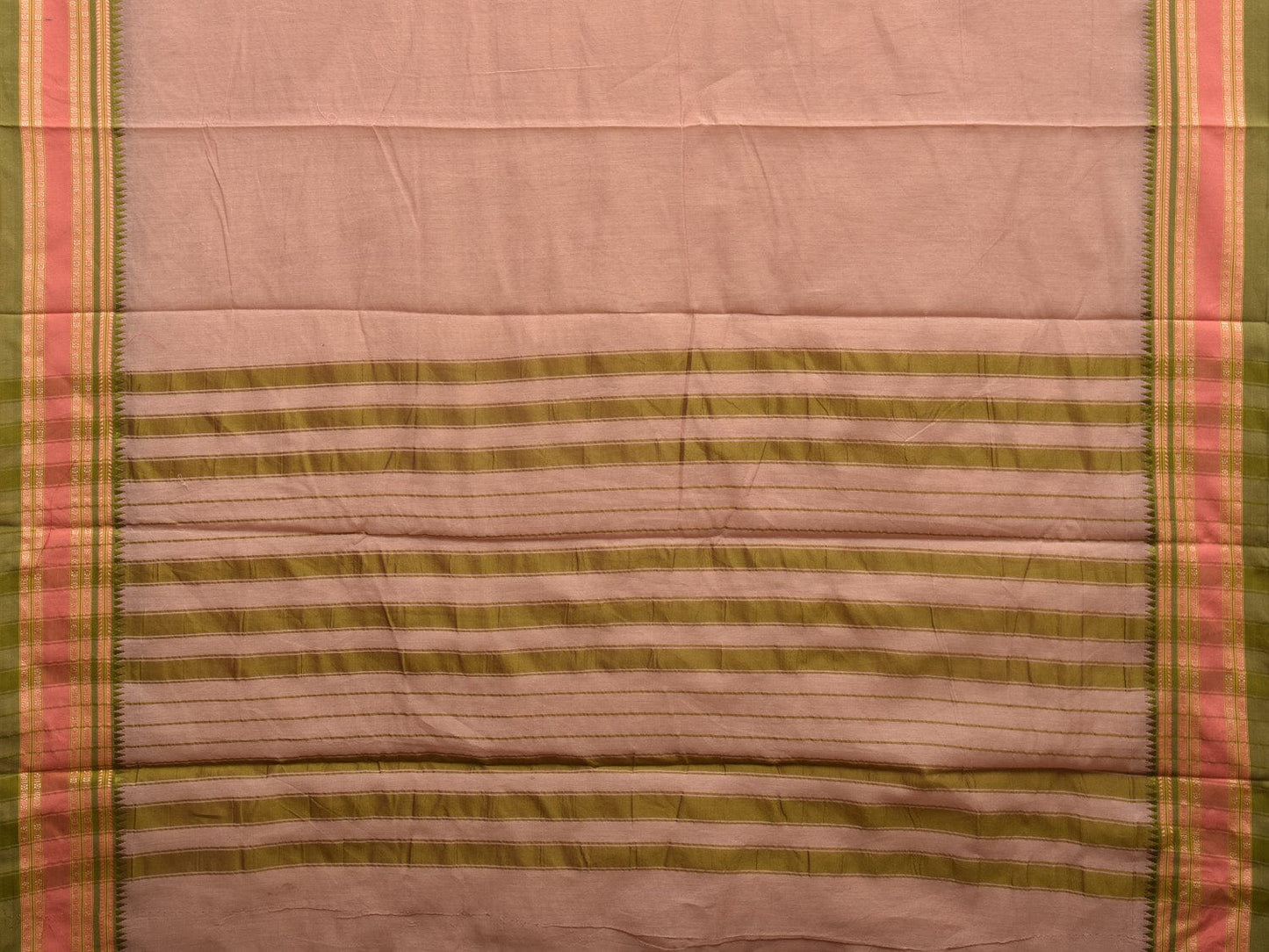 Cream and Green Bamboo Cotton Plain Saree with Strips Pallu Design No Blouse bc0352