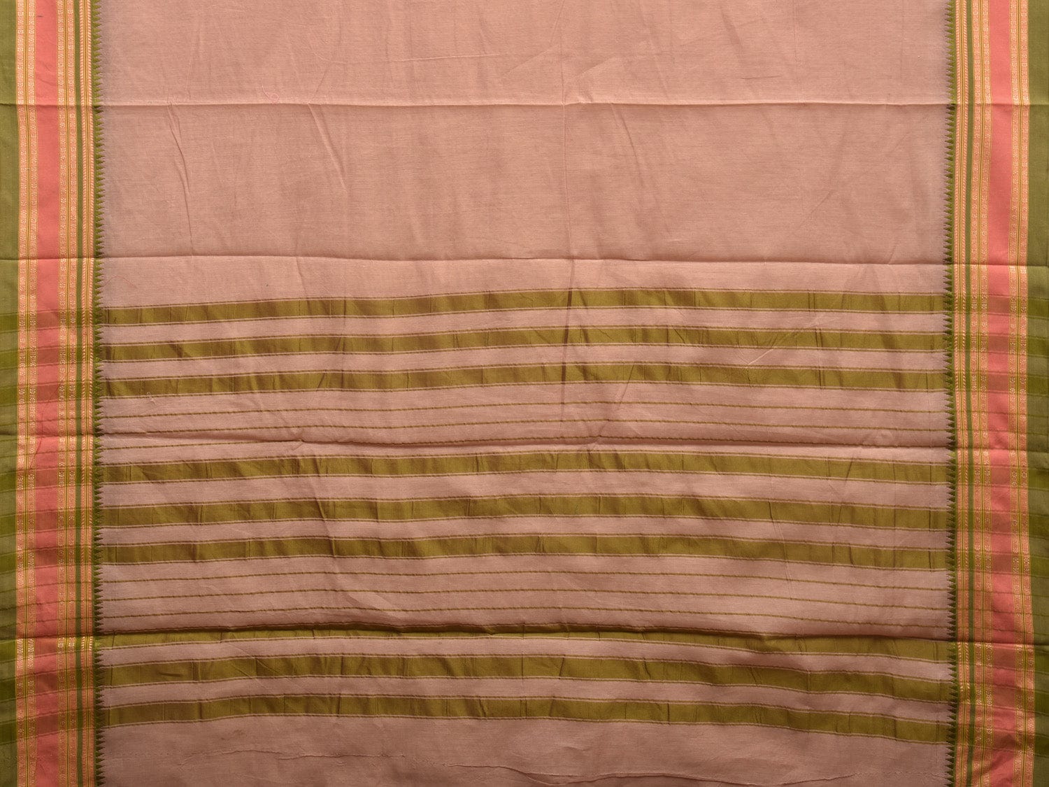 Cream and Green Bamboo Cotton Plain Saree with Strips Pallu Design No Blouse bc0352