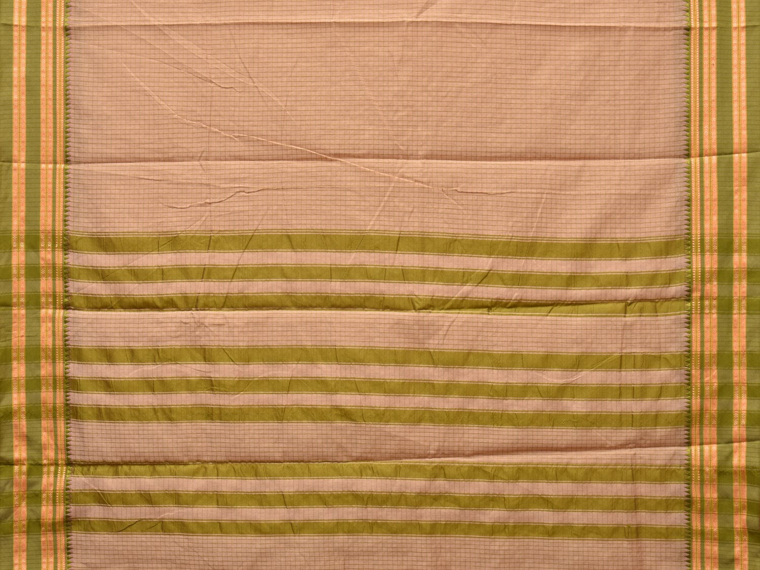 Cream and Green Bamboo Cotton Saree with Checks Design No Blouse bc0261