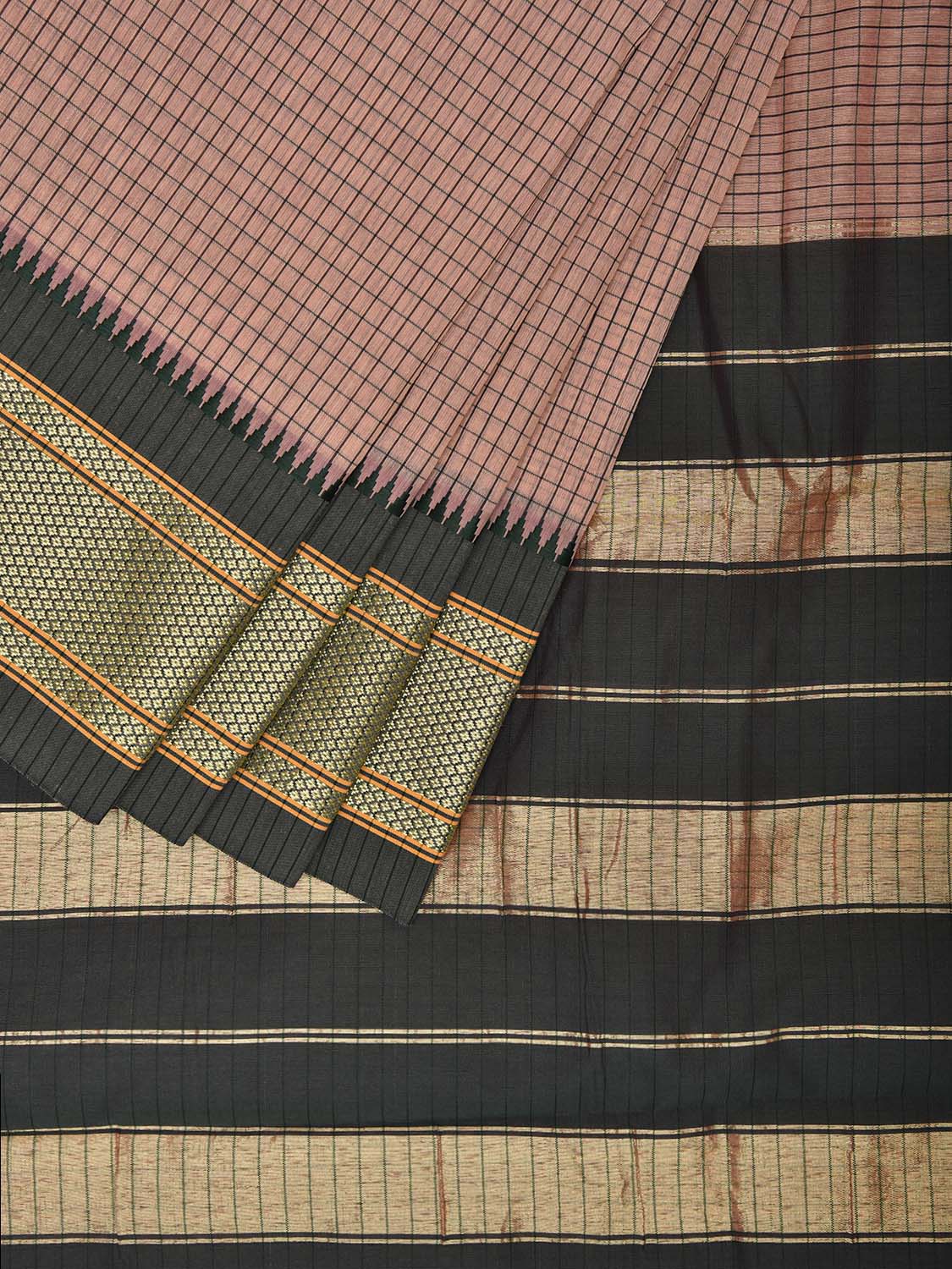 Cream and Green Bamboo Cotton Saree with Checks Design No Blouse bc0668