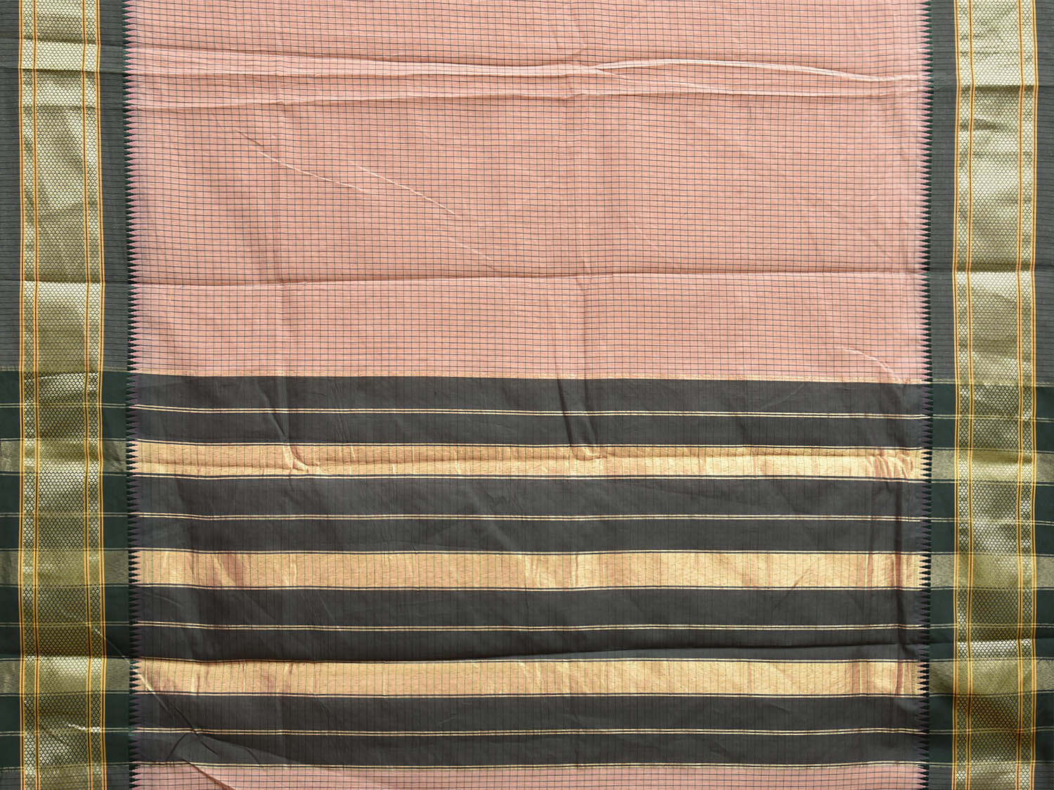 Cream and Green Bamboo Cotton Saree with Checks Design No Blouse bc0668