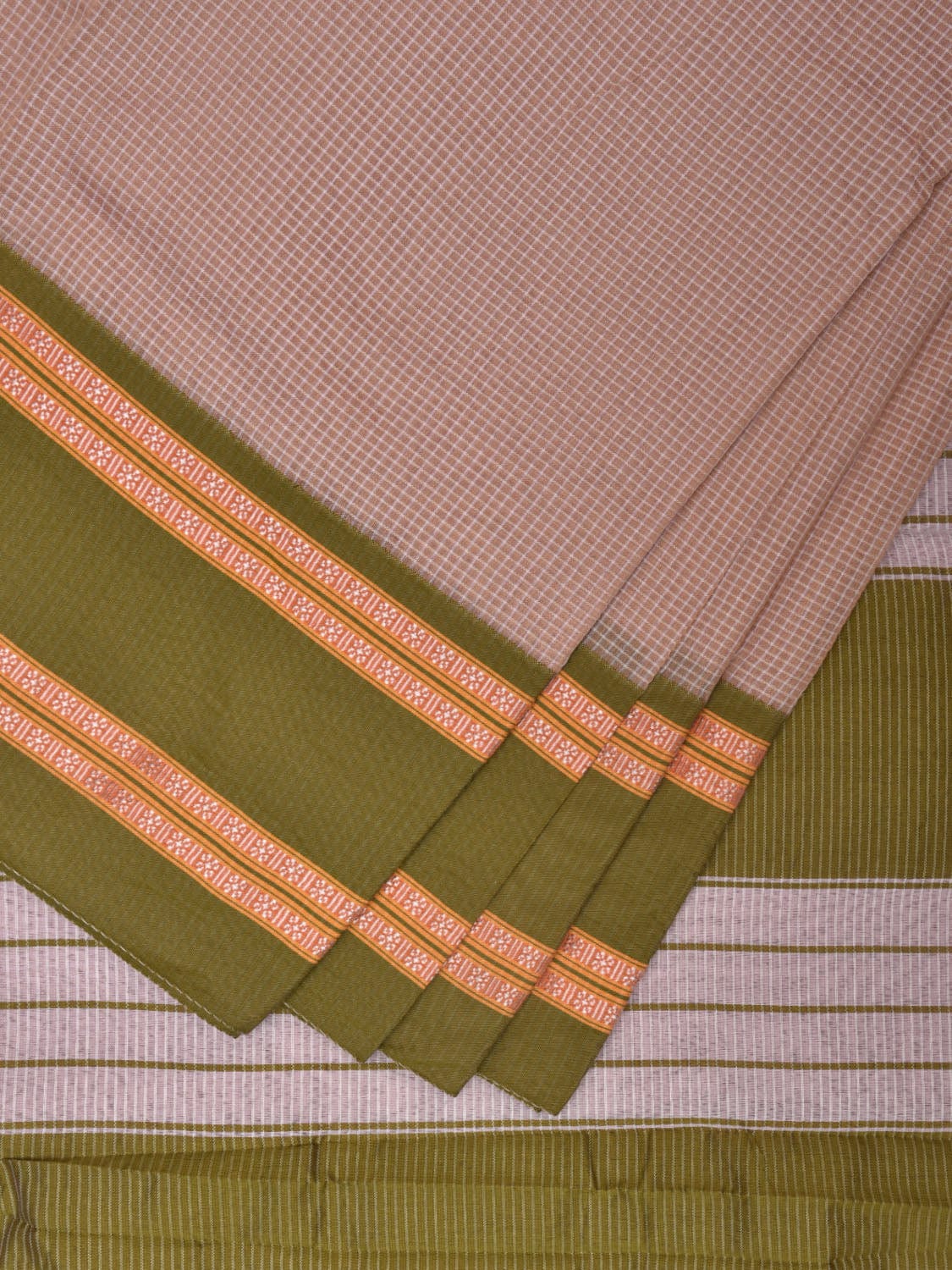 Cream and Green Bamboo Cotton Saree with Small Checks Design No Blouse bc0349