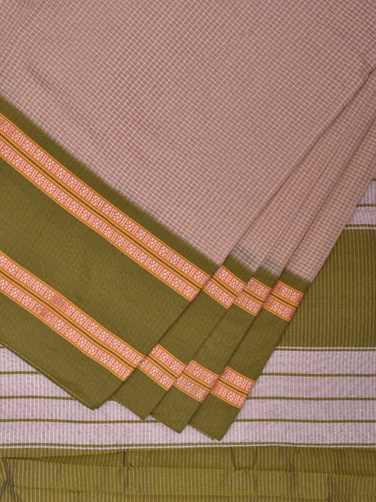 Cream and Green Bamboo Cotton Saree with Small Checks Design No Blouse bc0349