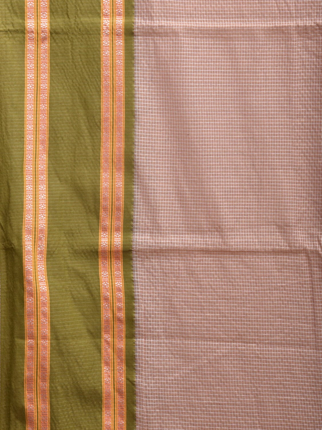 Cream and Green Bamboo Cotton Saree with Small Checks Design No Blouse bc0349