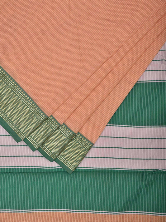 Cream and Green Bamboo Cotton Saree with Strips and Contrast Pallu Design No Blouse bc0568