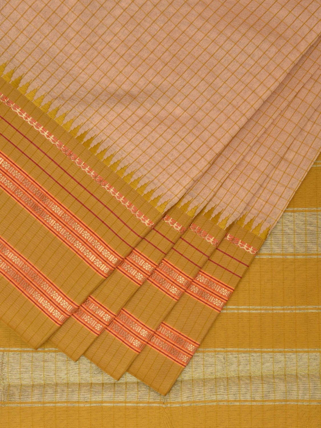 Cream and Green Bamboo Cotton Viscose Silk Saree with Checks Design No Blouse bc0368