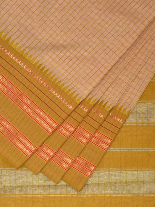 Cream and Green Bamboo Cotton Viscose Silk Saree with Checks Design No Blouse bc0368