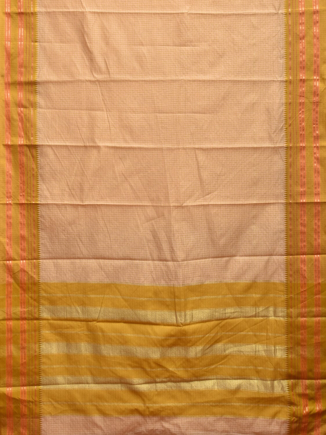 Cream and Green Bamboo Cotton Viscose Silk Saree with Checks Design No Blouse bc0368