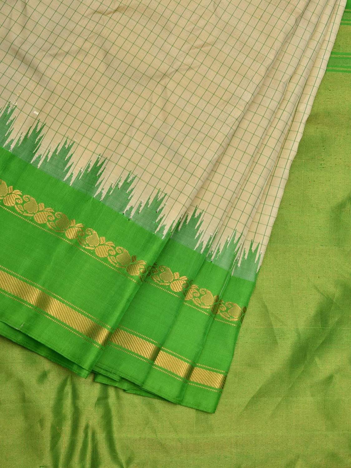 Cream and Green Gadwal Silk Handloom Saree with Checks Design g0282