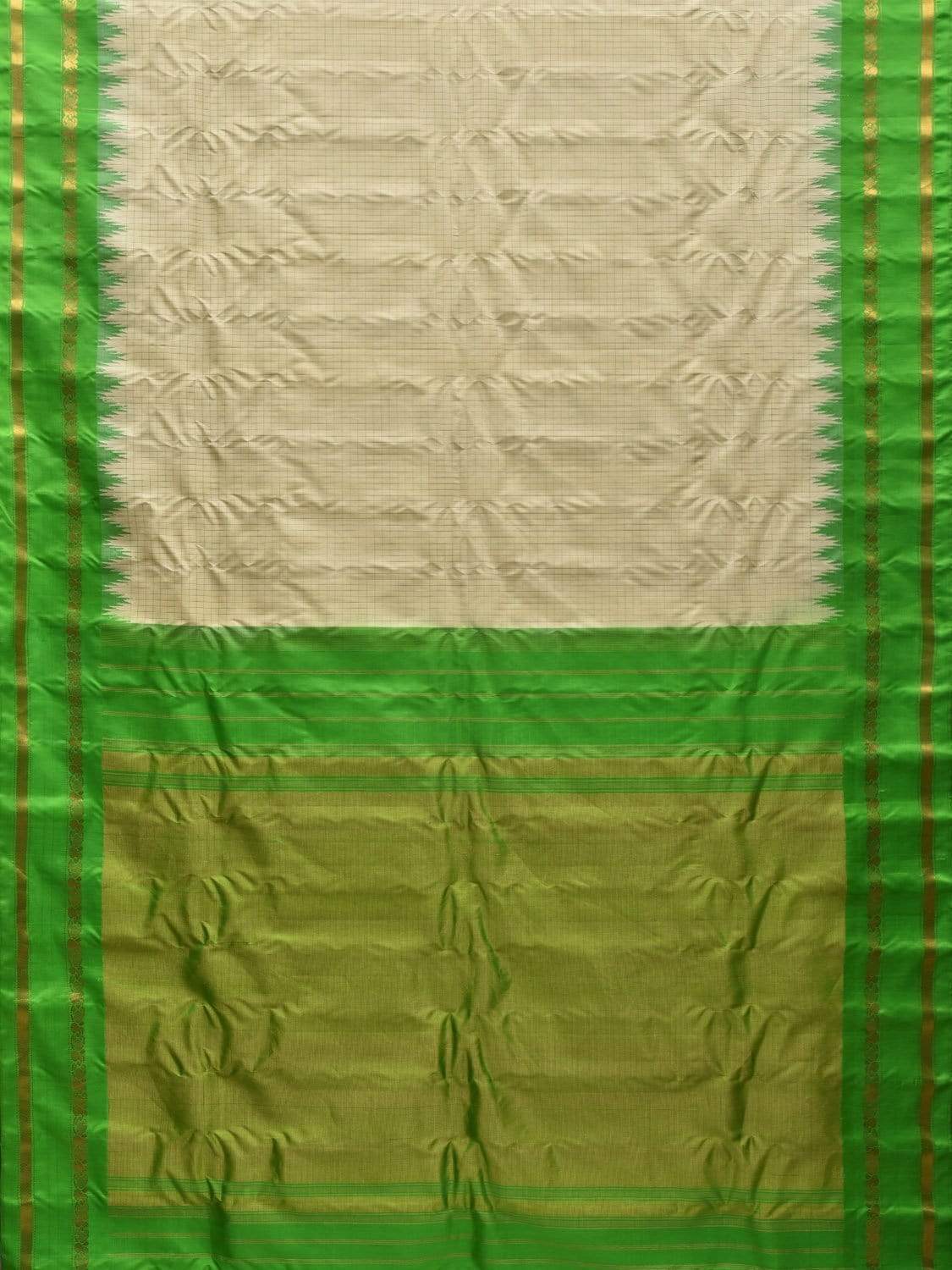 Cream and Green Gadwal Silk Handloom Saree with Checks Design g0282