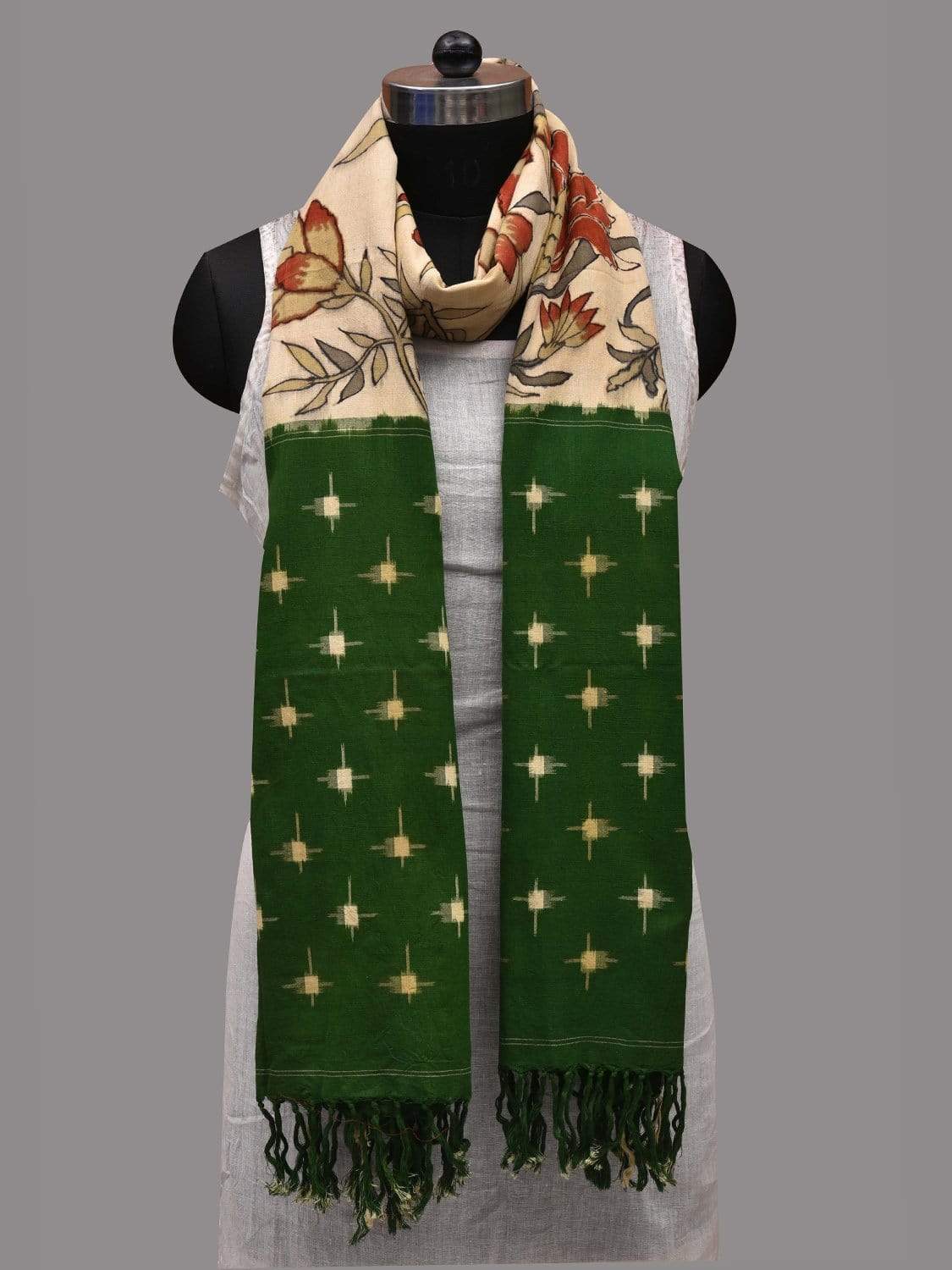 Cream and Green Kalamkari Hand Painted Ikat Cotton Dupatta with Floral Design ds2589
