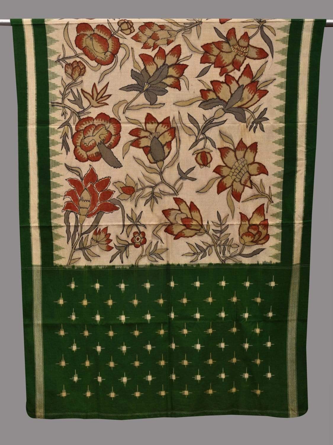 Cream and Green Kalamkari Hand Painted Ikat Cotton Dupatta with Floral Design ds2589
