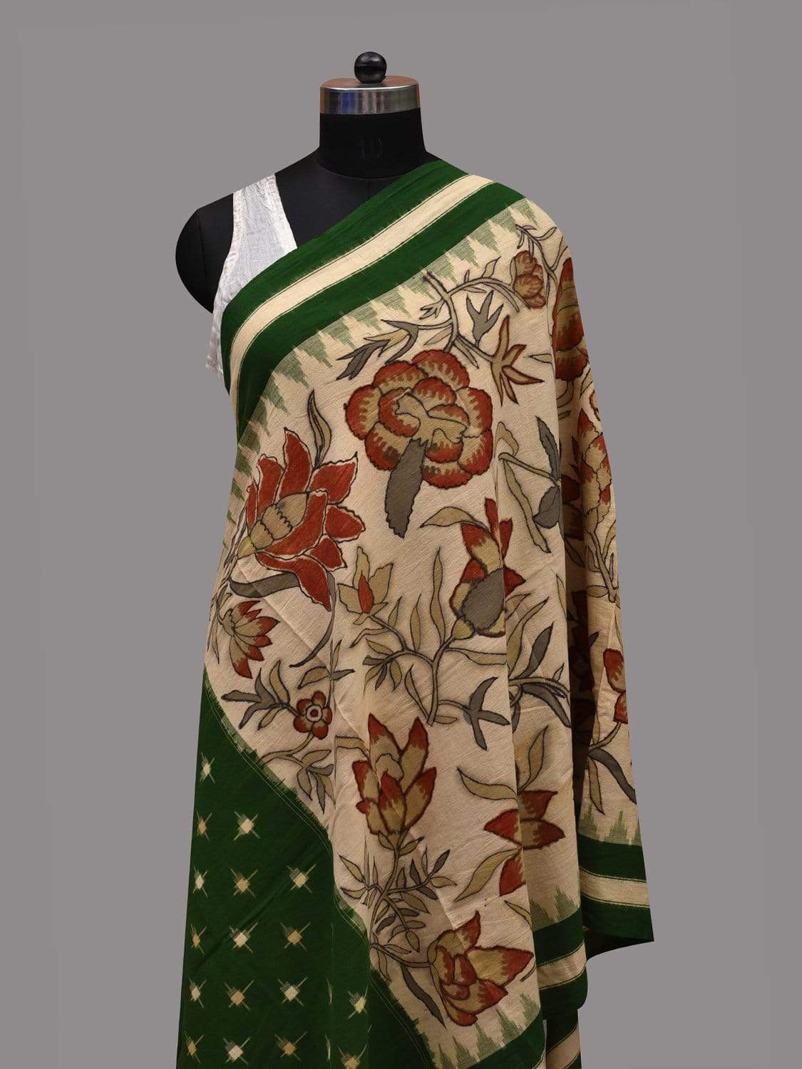 Cream and Green Kalamkari Hand Painted Ikat Cotton Dupatta with Floral Design ds2589