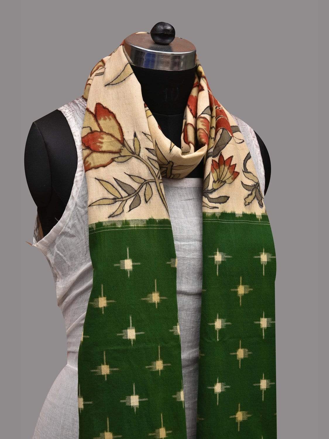 Cream and Green Kalamkari Hand Painted Ikat Cotton Dupatta with Floral Design ds2589