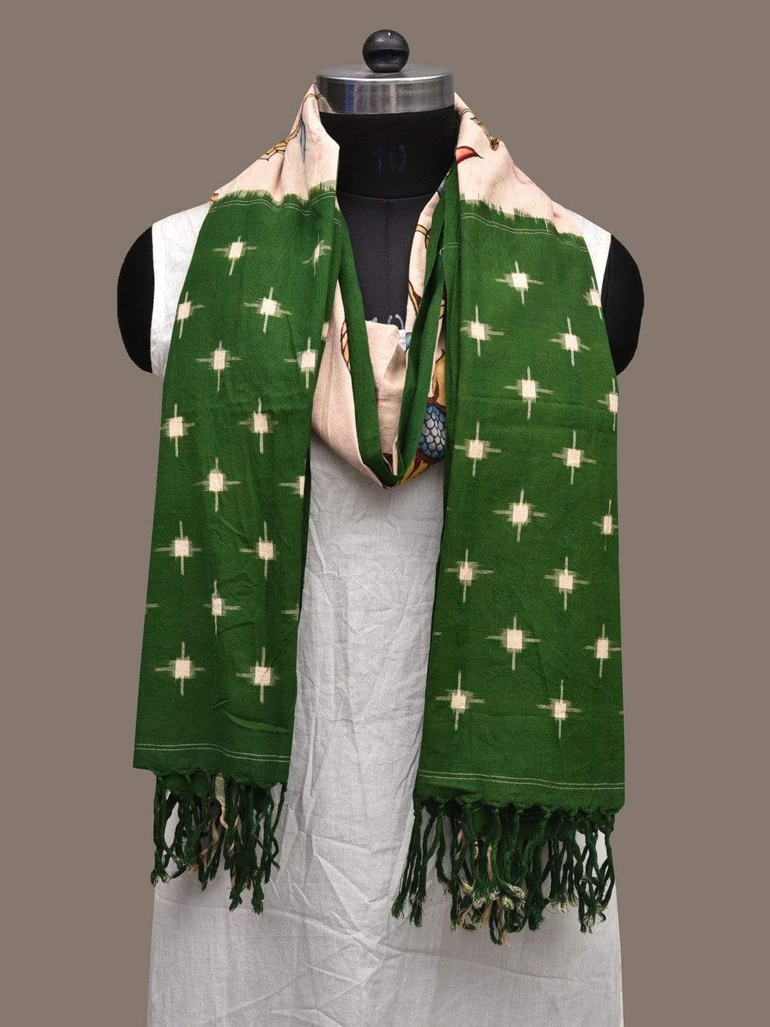 Cream and Green Kalamkari Hand Painted Ikat Cotton Handloom Dupatta with Floral Design ds2280