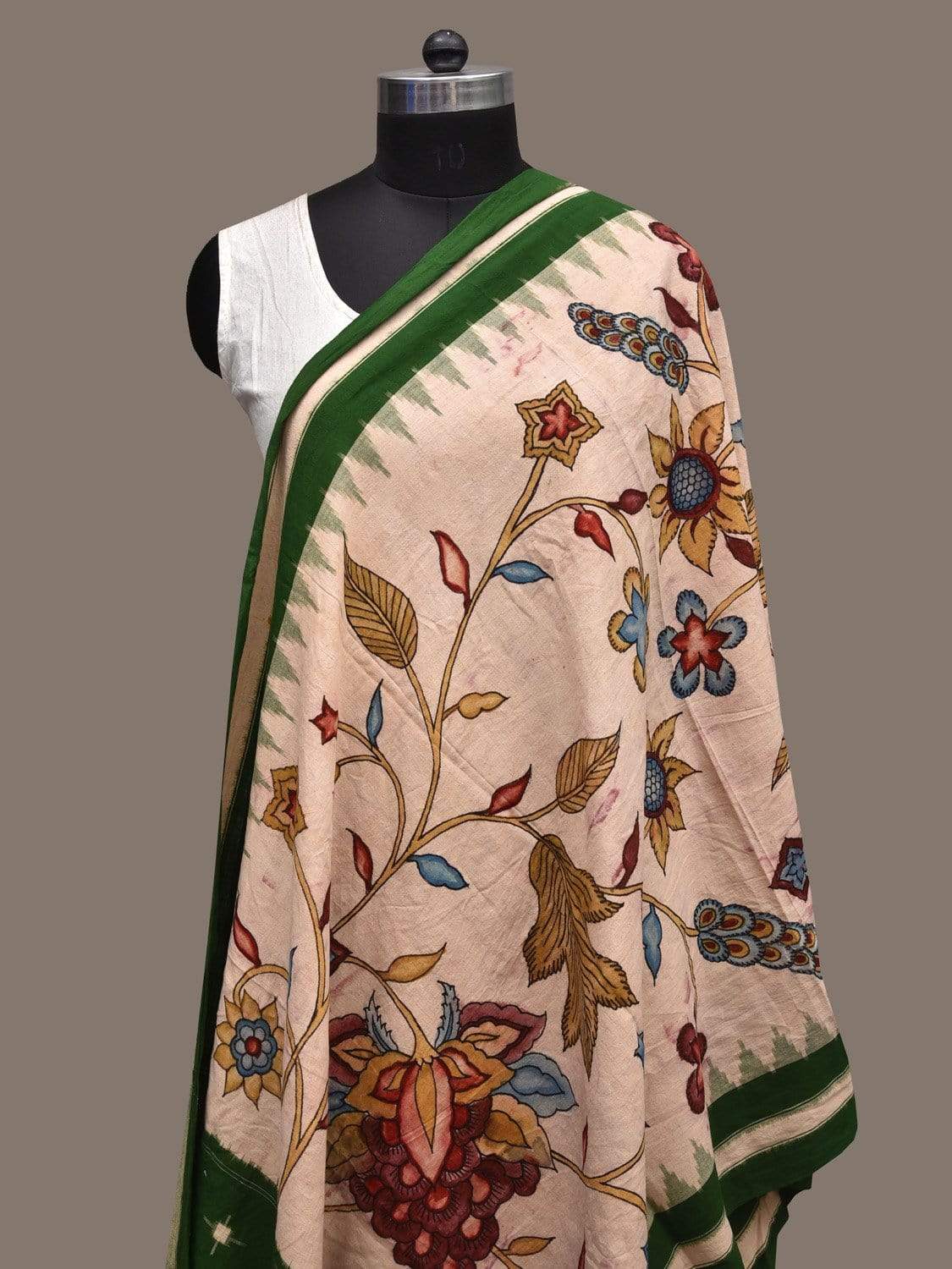 Cream and Green Kalamkari Hand Painted Ikat Cotton Handloom Dupatta with Floral Design ds2280