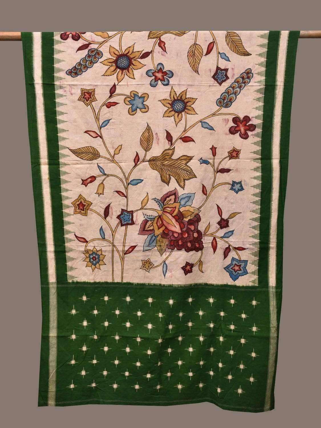 Cream and Green Kalamkari Hand Painted Ikat Cotton Handloom Dupatta with Floral Design ds2280