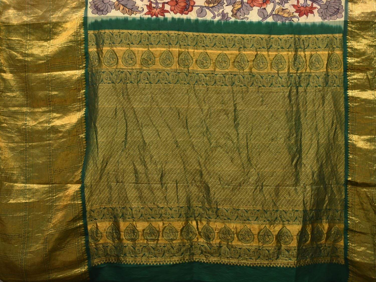 Cream and Green Kalamkari Hand Painted Kanchipuram Silk Handloom Saree with Lotus Flowers Design KL0452