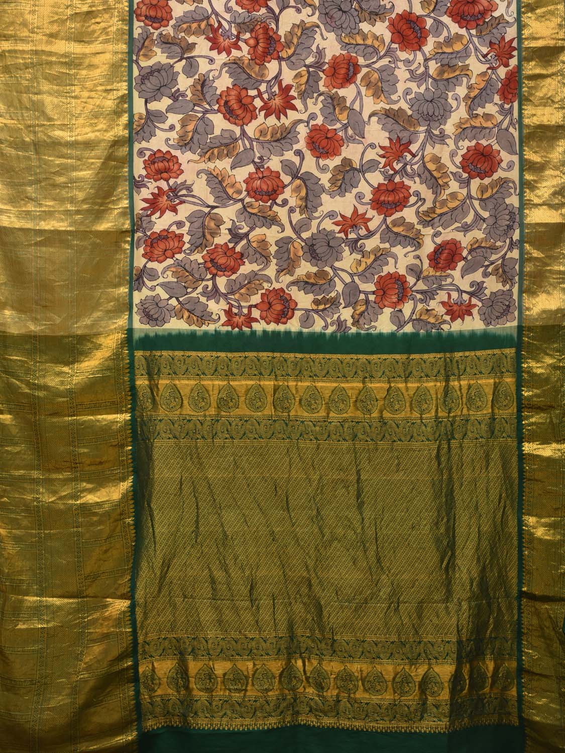 Cream and Green Kalamkari Hand Painted Kanchipuram Silk Handloom Saree with Lotus Flowers Design KL0452